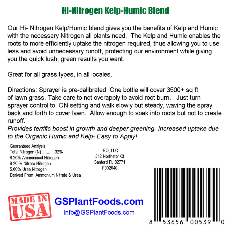 Hi-Nitrogen Kelp-Humic Blend 32-0-0 by GS Plant Foods, A Quick Greening Lawn Food