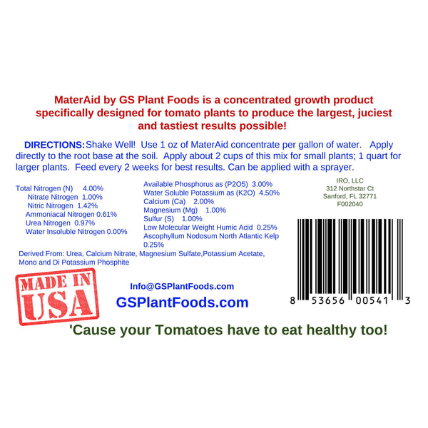 MaterAid Tomato Fertilizer by GS Plant Foods- Superior Plant Food for Feeding & Growing Tomatoes (1 Quart)- Tomato Food Suitable for All Your Tomatoes