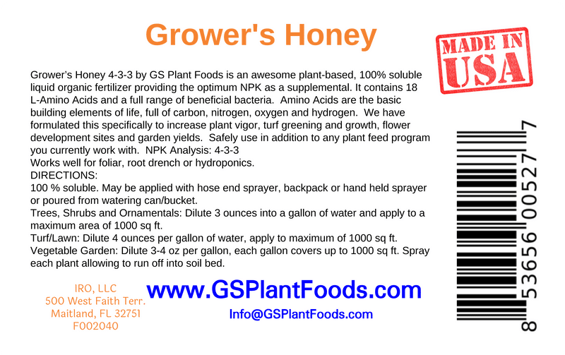 Grower's Honey Plant Based Amino Acid Plant Growth Fuel for Huge vegetative Growth, Bigger Flowers, Jumbo Fruits and Vegetables 1 Quart Concentrate - GS Plant Foods
